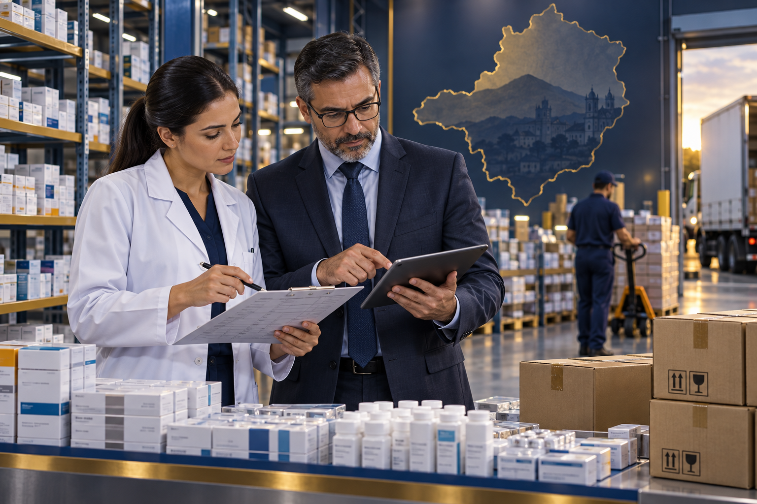 Farmacêutica e contador revisam medicamentos e documentos fiscais em Minas Gerais