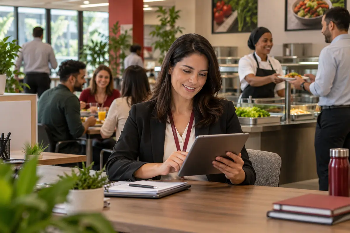 Profissional de recursos humanos revisa benefícios de alimentação em ambiente empresarial