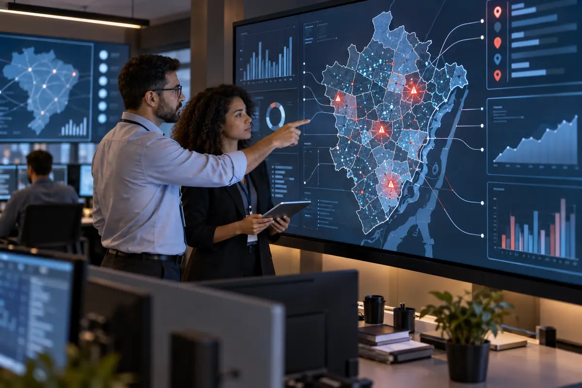 Equipe analisa painel de inteligência tributária com dados municipais